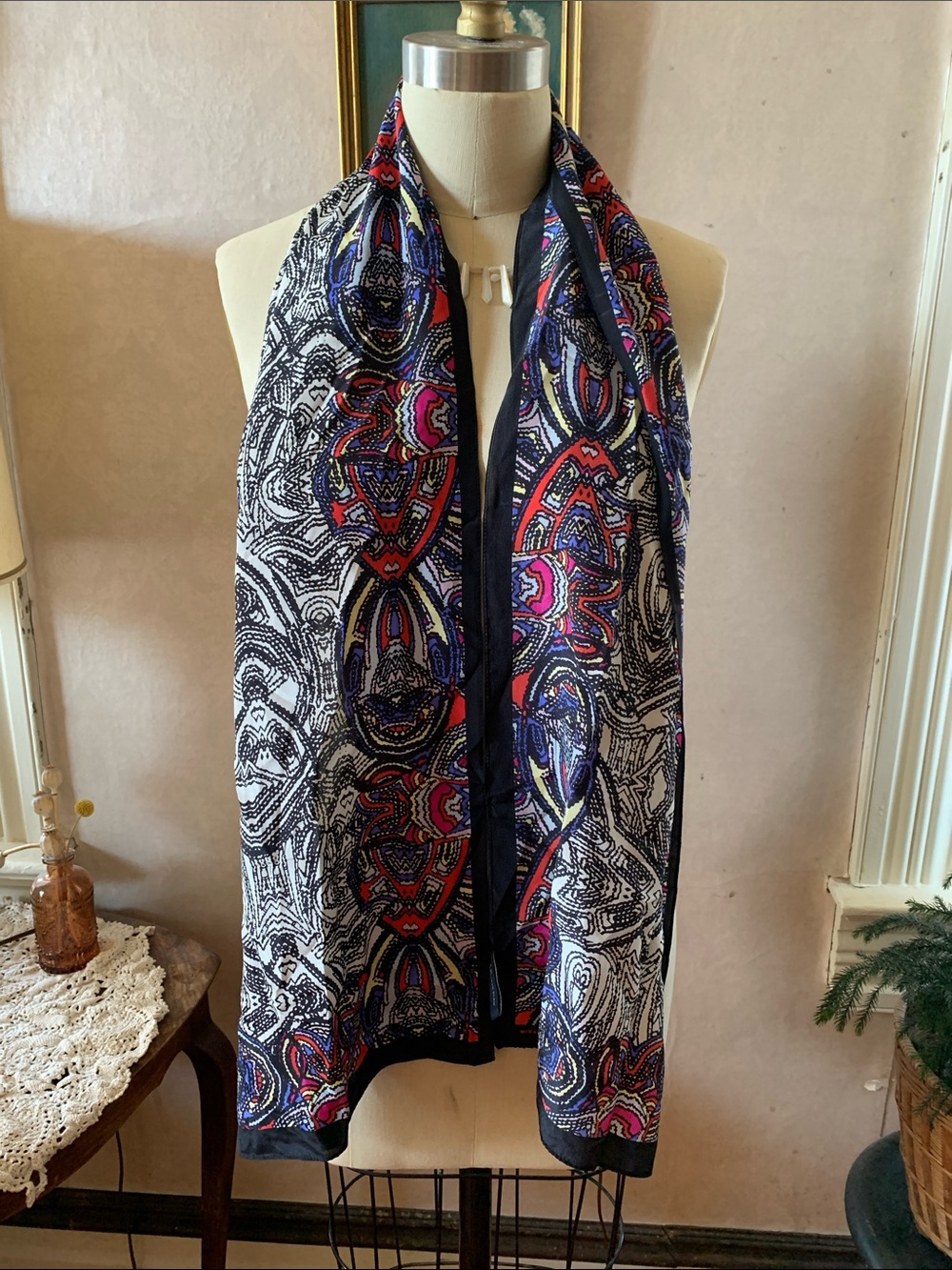 Anne Klein 100% Silk Multicolor Scarf - Black, White, Red Pink Purple & Blue